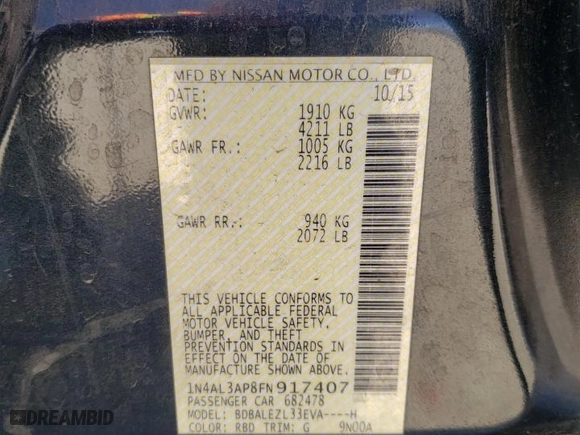 2015 Nissan Altima 2.5 S with VIN 1N4AL3AP8FN917407, listed as a Copart auction lot 50152174 with 178,116 mi miles and Salvage Title. Bid and sale history available at carsss.com. Image 12.