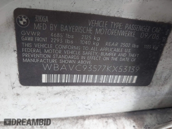 2007 BMW 3 Series 328xi with VIN WBAVC93577KX53139, listed as a IAAI auction lot 41719473 with 155,716 mi miles. Bid and sale history available at carsss.com. Image 9.