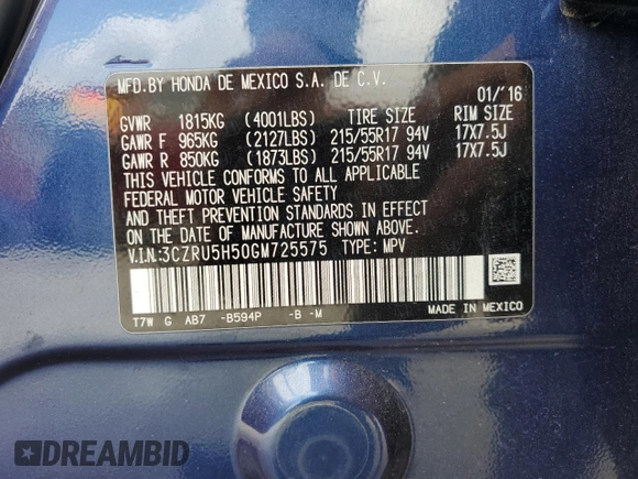 2016 Honda HR-V EX with VIN 3CZRU5H50GM725575, listed as a Copart auction lot 56375515 with 140,797 mi miles and Salvage Title. Bid and sale history available at DreamBid. Image 14.