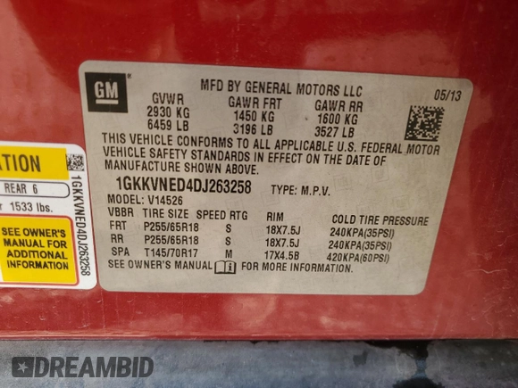 2013 GMC Acadia SLE with VIN 1GKKVNED4DJ263258, listed as a Copart auction lot 78400224 with 195,002 mi miles and Salvage Title. Bid and sale history available at carsss.com. Image 13.
