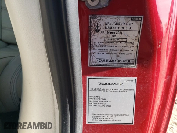 2014 Maserati GranTurismo Sport с VIN ZAM45VMAXE0106980, выставлен на аукционе Copart как лот 54360945 с пробегом 83 010 миль миль и Списание • Salvage title. История ставок и продаж доступна на DreamBid. Изображение 12.