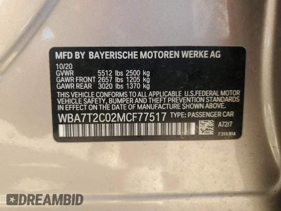 2021 BMW 7 Series 740i with VIN WBA7T2C02MCF77517, listed as a Copart auction lot 50565205 with 29,848 mi miles and Salvage title. Bid and sale history available at DreamBid. Image 12.