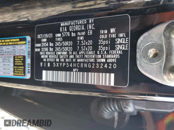 2022 Kia Telluride SX with VIN 5XYP54HC8NG232420, listed as a Copart auction lot 51041515 with 44,100 mi miles and Salvage title. Bid and sale history available at DreamBid. Image 14.