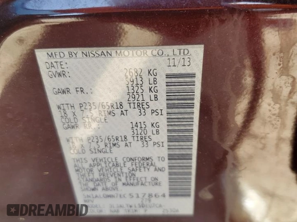 2014 Infiniti QX60 with VIN 5N1AL0MN7EC517864, listed as a Copart auction lot 52985535 with Not provided miles and Salvage title. Bid and sale history available at DreamBid. Image 13.