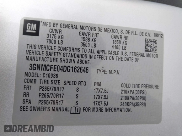 2013 Chevrolet Avalanche LT with VIN 3GNMCFE04DG162646, listed as a IAAI auction lot 41591896 with 151,541 mi miles and . Bid and sale history available at DreamBid. Image 9.