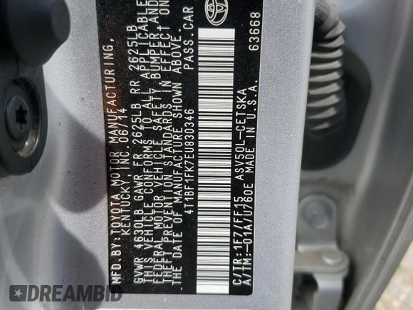 2014 Toyota Camry L with VIN 4T1BF1FK7EU830346, listed as a Copart auction lot 49484255 with Not Provided miles and Salvage Title. Bid and sale history available at carsss.com. Image 12.