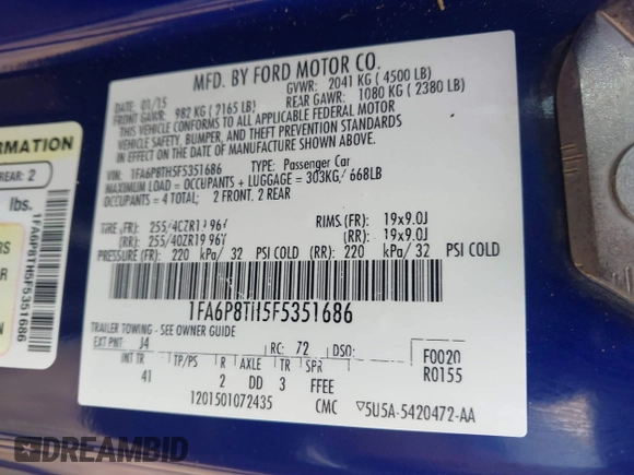 2015 Ford Mustang EcoBoost with VIN 1FA6P8TH5F5351686, listed as a IAAI auction lot 42290571 with 129,546 mi miles and . Bid and sale history available at DreamBid. Image 9.