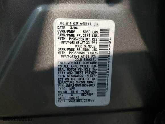 2004 Nissan Murano SL with VIN JN8AZ08W44W324627, listed as a Copart auction lot 83702564 with 138,777 mi miles and Salvage Title. Bid and sale history available at carsss.com. Image 14.