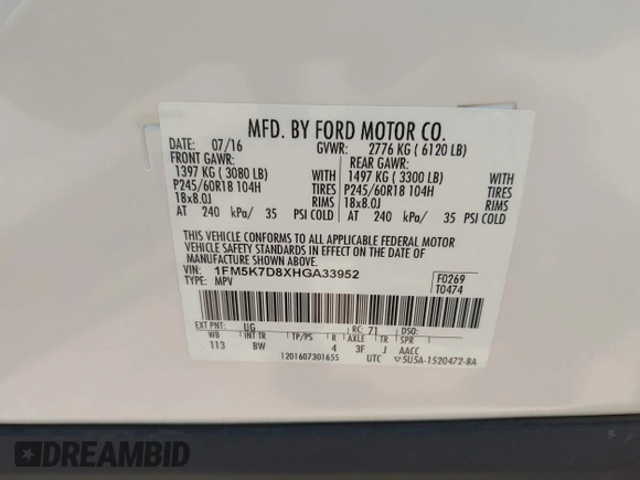 2017 Ford Explorer XLT с VIN 1FM5K7D8XHGA33952, выставлен на аукционе IAAI как лот 42623358 с пробегом 108 415 миль миль и . История ставок и продаж доступна на DreamBid. Изображение 9.