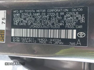 2006 Toyota Prius with VIN JTDKB20UX63190303, listed as a IAAI auction lot 41871826 with 147,124 mi miles. Bid and sale history available at carsss.com. Image 9.