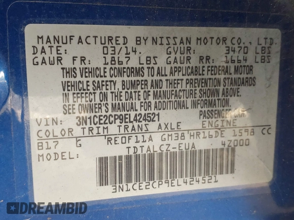 2014 Nissan Note SV with VIN 3N1CE2CP9EL424521, listed as a IAAI auction lot 42053853 with 166,740 mi miles and . Bid and sale history available at DreamBid. Image 9.