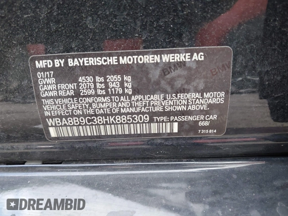 2017 BMW 3 Series 330i with VIN WBA8B9C38HK885309, listed as a IAAI auction lot 41579236 with 63,210 mi miles and . Bid and sale history available at DreamBid. Image 9.