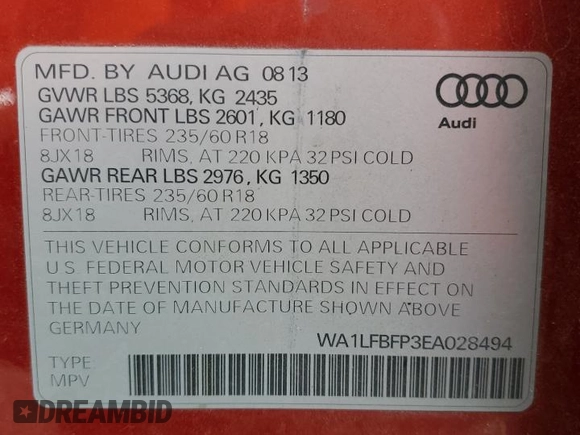 2014 Audi Q5 Premium Plus with VIN WA1LFBFP3EA028494, listed as a Copart auction lot 59033515 with 130,206 mi miles and Salvage title. Bid and sale history available at DreamBid. Image 13.