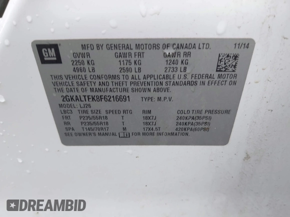 2015 GMC Terrain SLT with VIN 2GKALTEK8F6216691, listed as a IAAI auction lot 41051940 with 86,923 mi miles and . Bid and sale history available at DreamBid. Image 9.