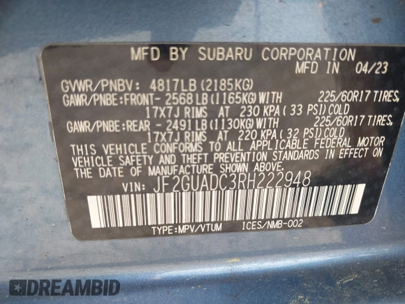 2024 Subaru Crosstrek Premium с VIN JF2GUADC3RH222948, выставлен на аукционе IAAI как лот 42030755 с пробегом Не указан миль и . История ставок и продаж доступна на DreamBid. Изображение 9.