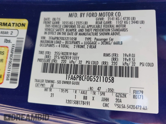 2016 Ford Mustang GT with VIN 1FA6P8CF0G5211058, listed as a IAAI auction lot 42480409 with 84,117 mi miles and . Bid and sale history available at DreamBid. Image 9.