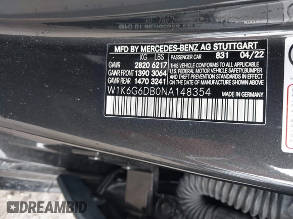 2022 Mercedes-Benz S 500 with VIN W1K6G6DB0NA148354, listed as a IAAI auction lot 41724082 with 34,116 mi miles and . Bid and sale history available at DreamBid. Image 9.