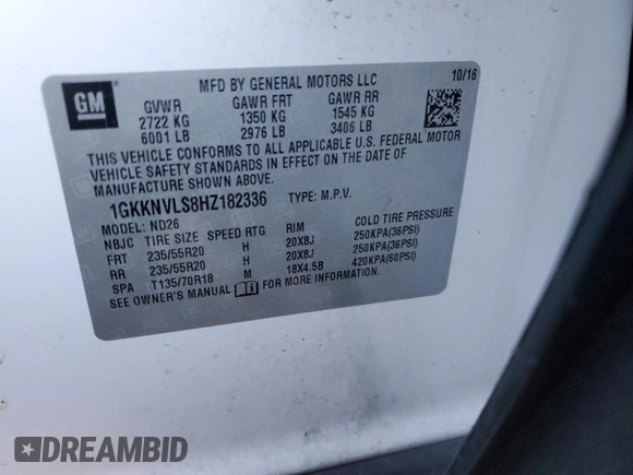 2017 GMC Acadia SLT with VIN 1GKKNVLS8HZ182336, listed as a Copart auction lot 41596915 with 109,304 mi miles and Salvage Title. Bid and sale history available at carsss.com. Image 13.