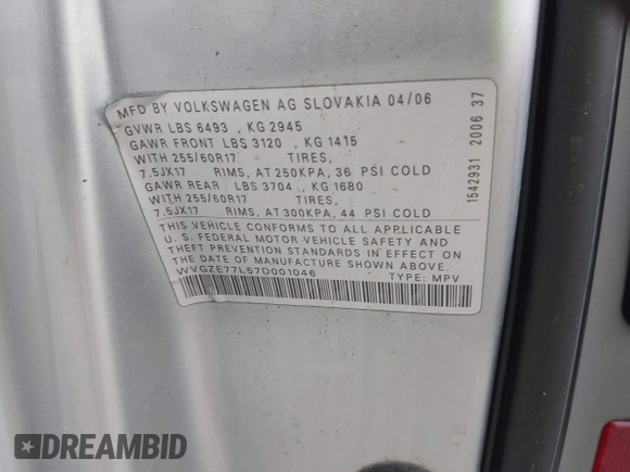 2007 Volkswagen Touareg V6 z VIN WVGZE77L57D001046, wystawiony jako IAAI lot #42283224 z przebiegiem 243 861 mil mil oraz . Historia ofert i sprzedaży dostępna na DreamBid. Obrazek 9.