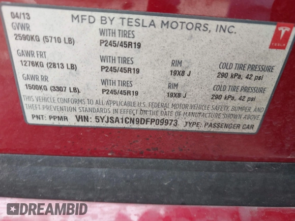2013 Tesla Model S с VIN 5YJSA1CN9DFP09973, выставлен на аукционе IAAI как лот 41657188 с пробегом 61 546 миль миль и . История ставок и продаж доступна на DreamBid. Изображение 9.