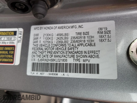 2019 Honda CR-V EX with VIN 5J6RW2H58KL021806, listed as a Copart auction lot 51842875 with 58,388 mi miles and Salvage Title. Bid and sale history available at DreamBid. Image 15.