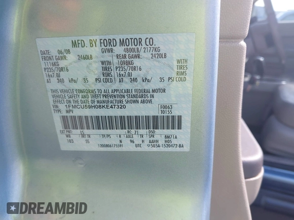 2008 Ford Escape Hybrid с VIN 1FMCU59H08KE47320, выставлен на аукционе IAAI как лот 42520315 с пробегом 278 075 миль миль и . История ставок и продаж доступна на DreamBid. Изображение 9.