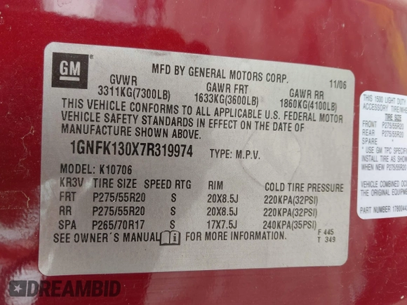 2007 Chevrolet Tahoe LTZ with VIN 1GNFK130X7R319974, listed as a IAAI auction lot 41955206 with 187,445 mi miles and . Bid and sale history available at DreamBid. Image 9.