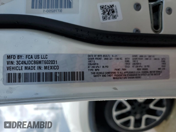 2021 Jeep Compass Limited with VIN 3C4NJDCB6MT602031, listed as a Copart auction lot 65061345 with 172,048 mi miles and Clean title. Bid and sale history available at DreamBid. Image 12.