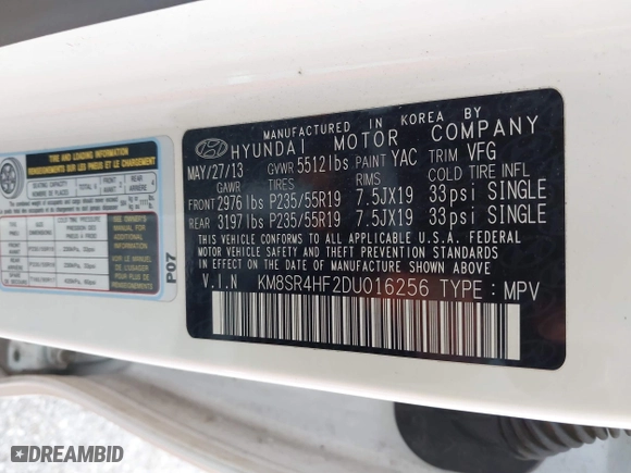 2013 Hyundai Santa Fe Limited with VIN KM8SR4HF2DU016256, listed as a IAAI auction lot 41961536 with 191,920 mi miles. Bid and sale history available at carsss.com. Image 9.