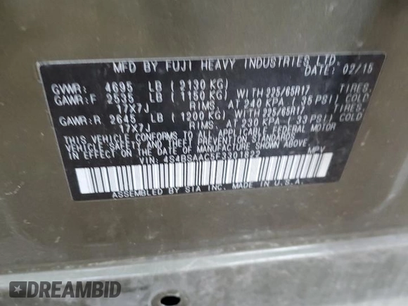 2015 Subaru Outback 2.5i with VIN 4S4BSAAC5F3301822, listed as a Copart auction lot 81167564 with 161,367 mi miles and Salvage title. Bid and sale history available at DreamBid. Image 16.