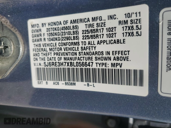 2011 Honda CR-V EX-L with VIN 5J6RE3H7XBL056647, listed as a Copart auction lot 54762925 with 130,394 mi miles and Salvage Title. Bid and sale history available at carsss.com. Image 13.