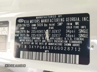 2016 Kia Sorento LX with VIN 5XYPG4A3XGG028712, listed as a IAAI auction lot 42013222 with 112,736 mi miles. Bid and sale history available at carsss.com. Image 9.