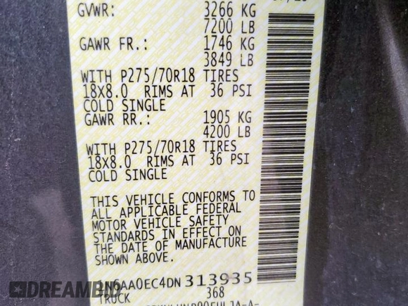 2013 Nissan Titan SV with VIN 1N6AA0EC4DN313935, listed as a Copart auction lot 57950695 with 246,851 mi miles and Salvage title. Bid and sale history available at DreamBid. Image 12.