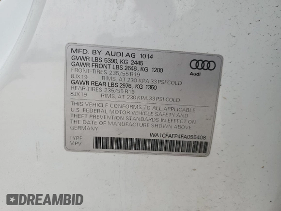 2015 Audi Q5 Premium with VIN WA1CFAFP4FA055408, listed as a Copart auction lot 46178235 with 90,187 mi miles and Salvage Title. Bid and sale history available at carsss.com. Image 12.