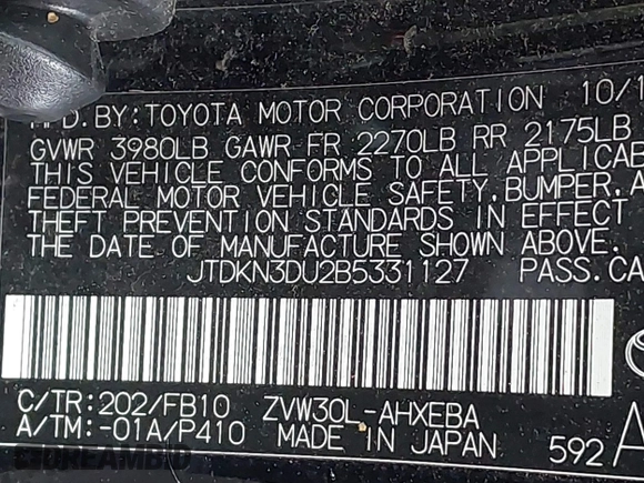 2011 Toyota Prius I with VIN JTDKN3DU2B5331127, listed as a IAAI auction lot 42139127 with 285,029 mi miles. Bid and sale history available at carsss.com. Image 9.