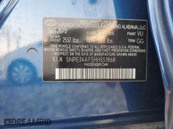2017 Hyundai Sonata Sport with VIN 5NPE34AF5HH551868, listed as a Copart auction lot 50293845 with 48,274 mi miles and Salvage Title. Bid and sale history available at DreamBid. Image 12.