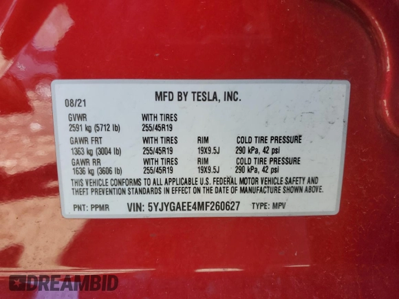 2021 Tesla Model Y Long Range with VIN 5YJYGAEE4MF260627, listed as a Copart auction lot 49091655 with 67,850 mi miles and Salvage Title. Bid and sale history available at DreamBid. Image 13.