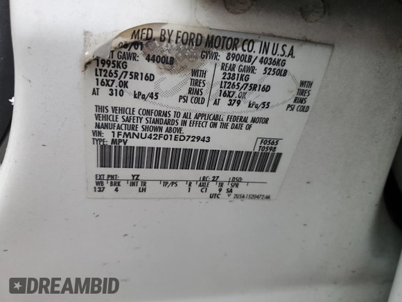 2001 Ford Excursion Limited z VIN 1FMNU42F01ED72943, wystawiony jako Copart lot #53872445 z przebiegiem 195 219 mil mil oraz Szkoda całkowita • Salvage title. Historia ofert i sprzedaży dostępna na DreamBid. Obrazek 13.