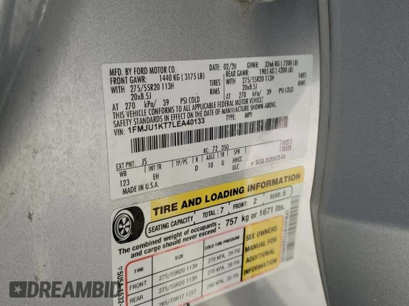 2020 Ford Expedition Limited with VIN 1FMJU1KT7LEA40133, listed as a Copart auction lot 59004115 with 107,093 mi miles and Salvage title. Bid and sale history available at DreamBid. Image 13.