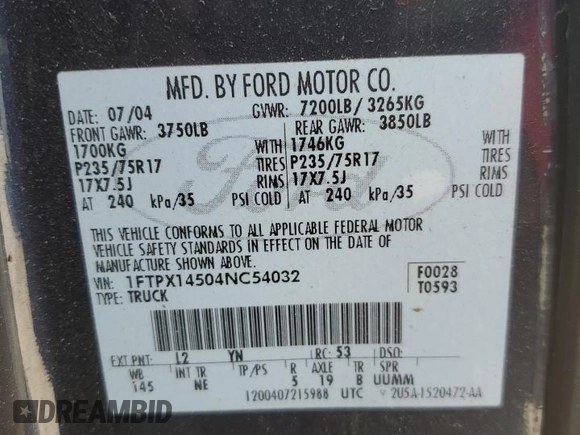 2004 Ford F-150 XLT with VIN 1FTPX14504NC54032, listed as a Copart auction lot 51381185 with 0 mi miles and Clean Title. Bid and sale history available at carsss.com. Image 12.