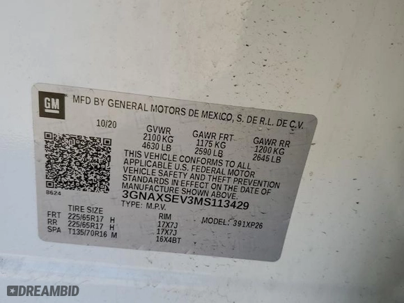 2021 Chevrolet Equinox LS with VIN 3GNAXSEV3MS113429, listed as a Copart auction lot 50059085 with 85,452 mi miles and Salvage Title. Bid and sale history available at carsss.com. Image 14.