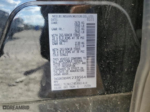 2023 Nissan Pathfinder Rock Creek with VIN 5N1DR3BD4PC239564, listed as a Copart auction lot 76536104 with 37,451 mi miles and Salvage Title. Bid and sale history available at carsss.com. Image 16.