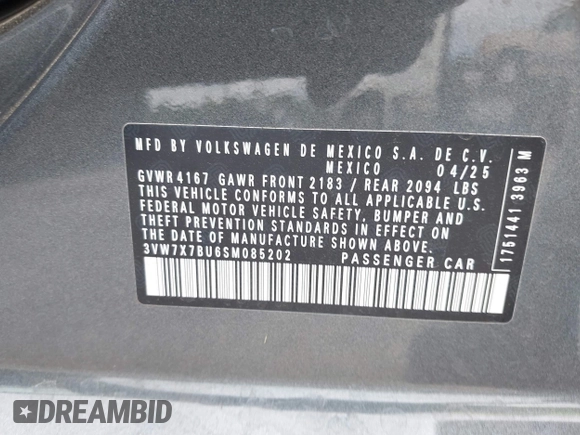 2025 Volkswagen Jetta SE с VIN 3VW7X7BU6SM085202, выставлен на аукционе IAAI как лот 42767432 с пробегом 1 009 миль миль и . История ставок и продаж доступна на DreamBid. Изображение 9.