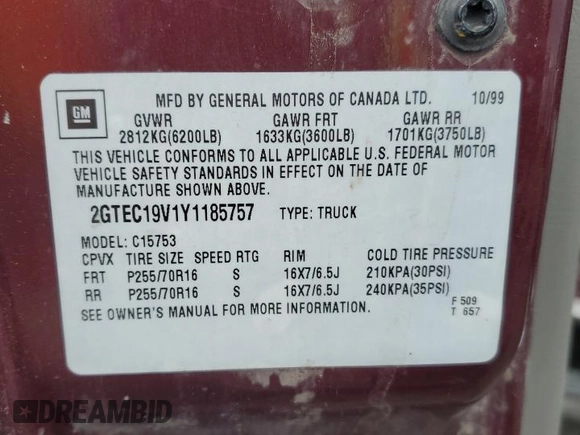 2000 GMC New Sierra 1500 SL with VIN 2GTEC19V1Y1185757, listed as a Copart auction lot 42606995 with 113,635 mi miles and Salvage Title. Bid and sale history available at carsss.com. Image 12.