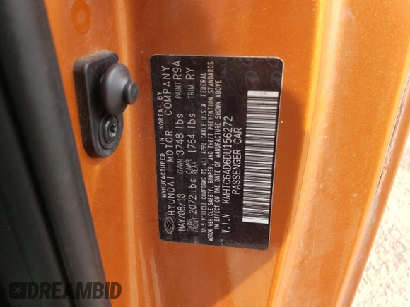 2013 Hyundai Veloster RE:MIX with VIN KMHTC6AD6DU156272, listed as a Copart auction lot 48770025 with 101,729 mi miles and Salvage title. Bid and sale history available at DreamBid. Image 12.