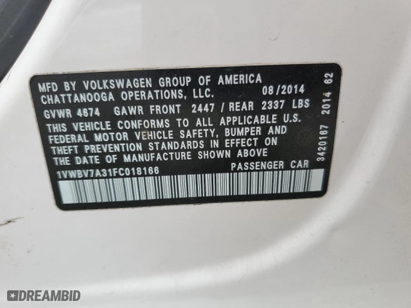2015 Volkswagen Passat 2.0L TDI SE w/Sunroof with VIN 1VWBV7A31FC018166, listed as a Copart auction lot 49465865 with 114,614 mi miles and Salvage Title. Bid and sale history available at carsss.com. Image 12.