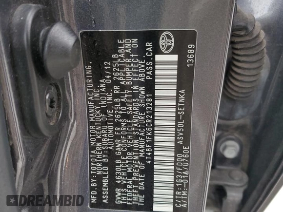 2012 Toyota Camry L with VIN 4T4BF1FK6CR213281, listed as a Copart auction lot 50247535 with 153,285 mi miles and Salvage Title. Bid and sale history available at carsss.com. Image 13.