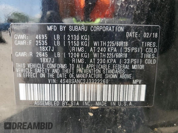 2018 Subaru Outback Limited with VIN 4S4BSANC2J3322260, listed as a Copart auction lot 55804675 with Not provided miles and Salvage title. Bid and sale history available at DreamBid. Image 13.