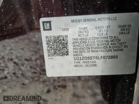 2020 Chevrolet Malibu LT with VIN 1G1ZD5ST6LF072895, listed as a Copart auction lot 52492195 with 0 mi miles and Salvage Title. Bid and sale history available at carsss.com. Image 12.