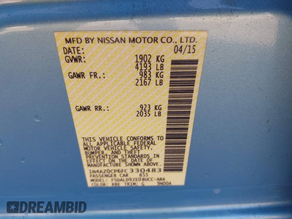2015 Nissan LEAF S with VIN 1N4AZ0CP6FC330483, listed as a IAAI auction lot 42217559 with 35,216 mi miles and . Bid and sale history available at DreamBid. Image 9.